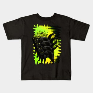 Psychedelic Black Cat Funny Spooky Acid Green Melty colorful background surreal collage Kids T-Shirt